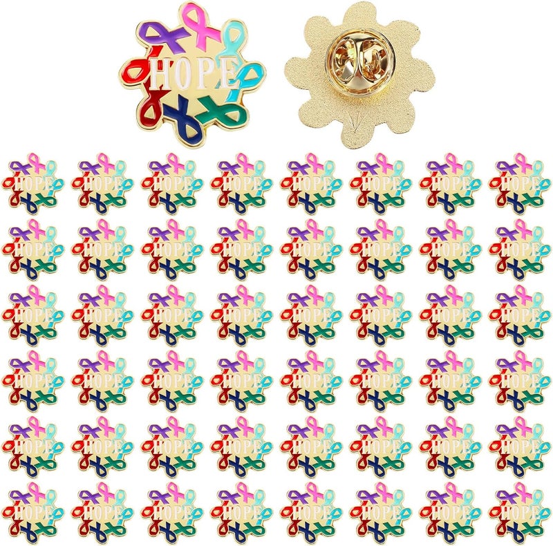 Riceshoot Store 48 Pcs Breast Cancer Awareness Lapel Pin Bulk All Cancer Pink Ribbon Hope Button Brooch Gift for Women Cloth Backpack Hat - Image 1